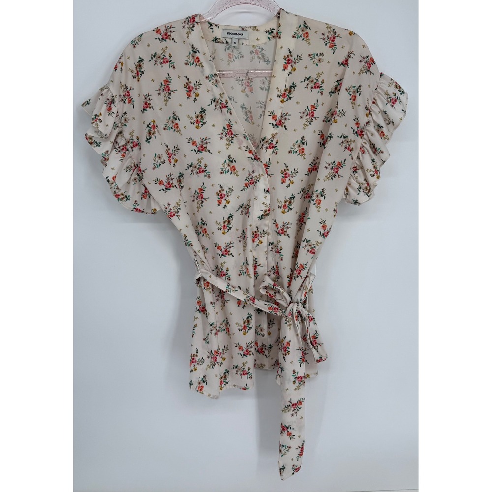 Vakkorama Womens‎ Floral Ruffle Sleeve Wrap Blouse Cream Red Green Size S